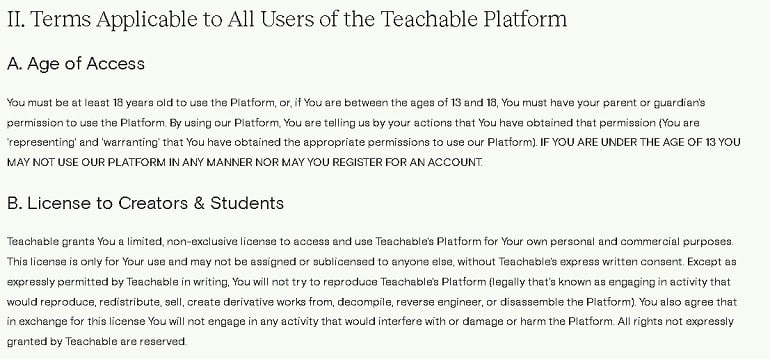 teachable.com palvelun säännöt