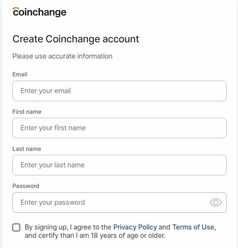 CoinChange-rekisteröintilomake